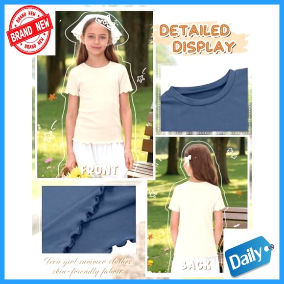 4 Pack Girls Short Sleeve Tees Slim Fit Lettuce Trim Crewneck Summer Tops - Picture 5 of 6